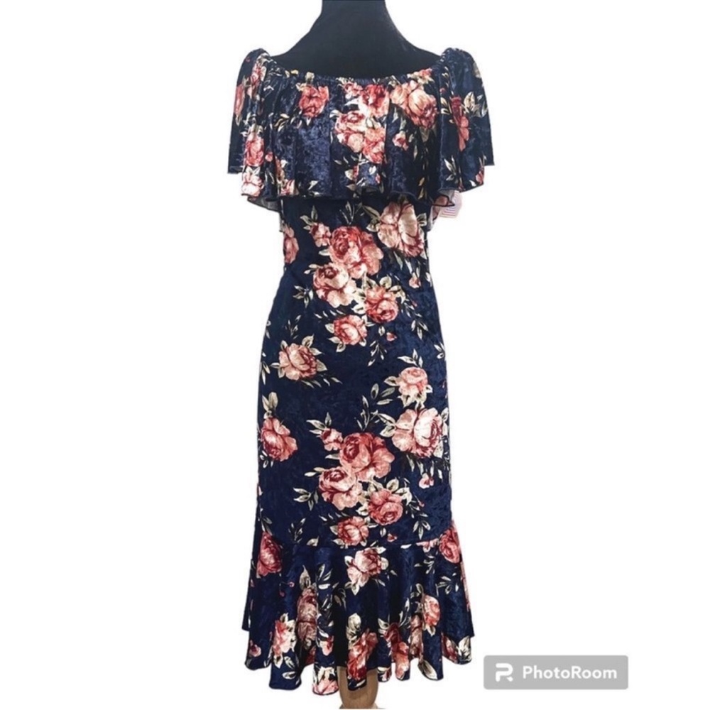 Navy Floral LuLaRoe Cici Off Shoulder Ruffled Hem Midi Dress M - Picture 9 of 16